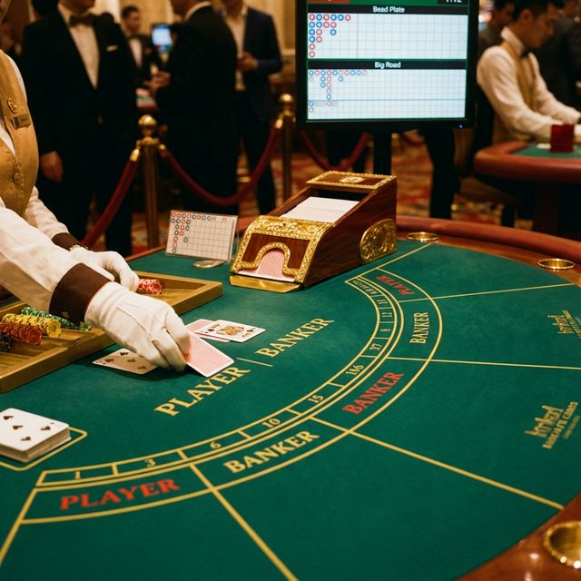 Bàn Baccarat E2BET với lá bài và chip cược sắp xếp chuyên nghiệp