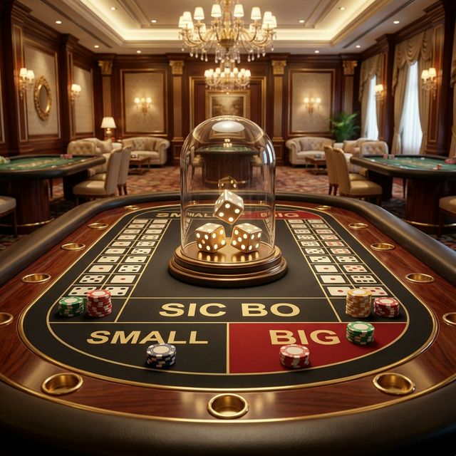 Bàn Sic Bo tài xỉu với ba viên xúc xắc và bảng cược trên E2BET